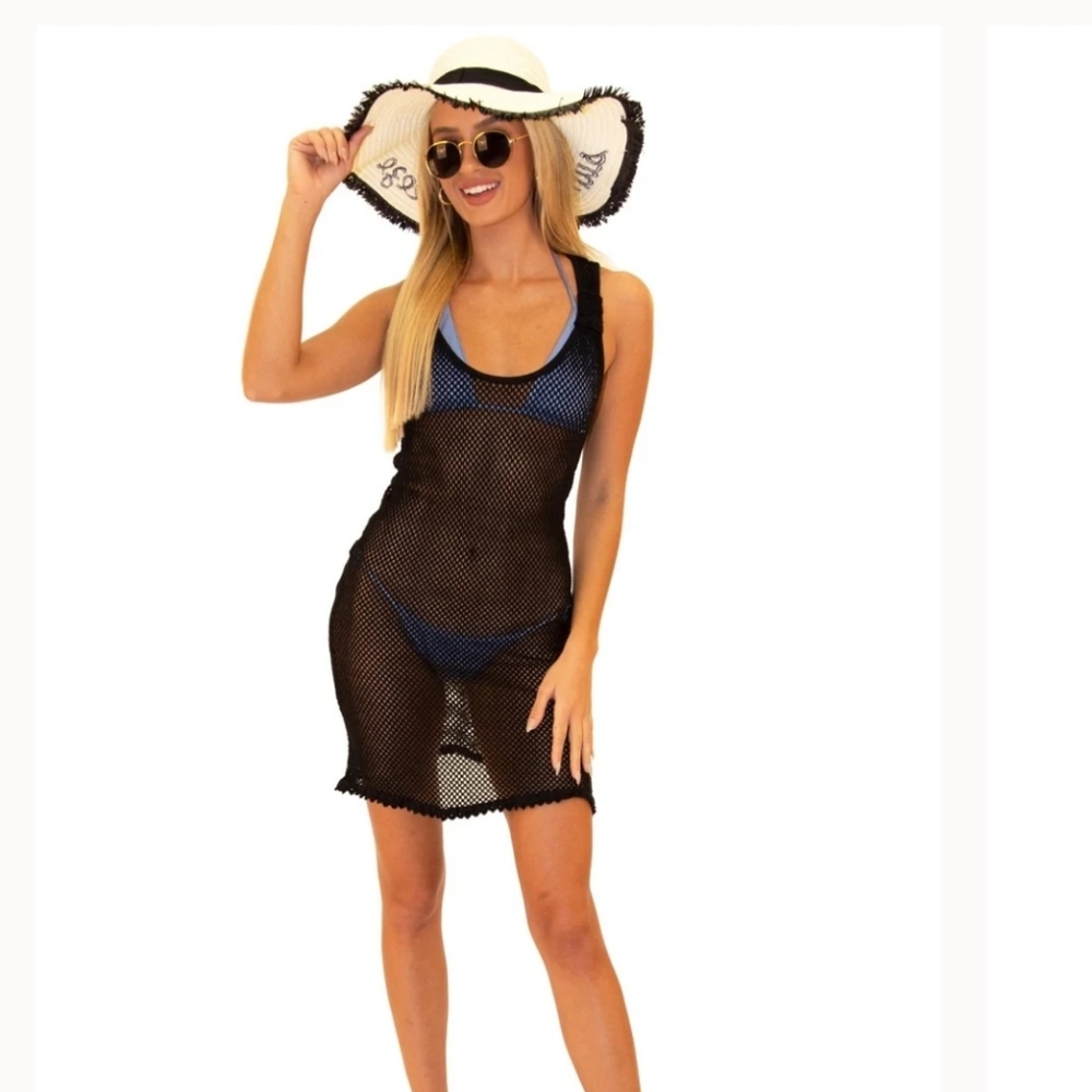 Black Sheer Mesh Beach Cover Up Dress Coquette Summer 100% Peruvian Cotton NWT